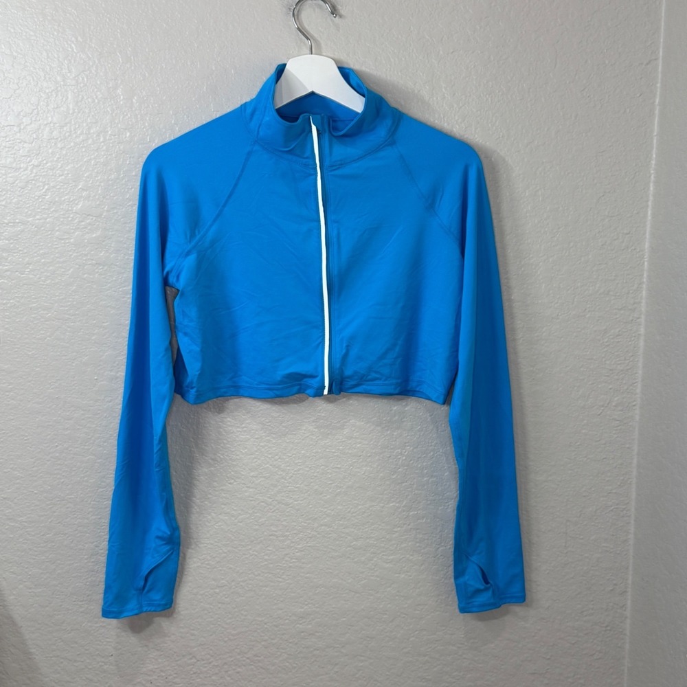 BloqUV Crop Sun Crop Top Turquoise Blue Full Zip Size L Athleisure Sporty Chic